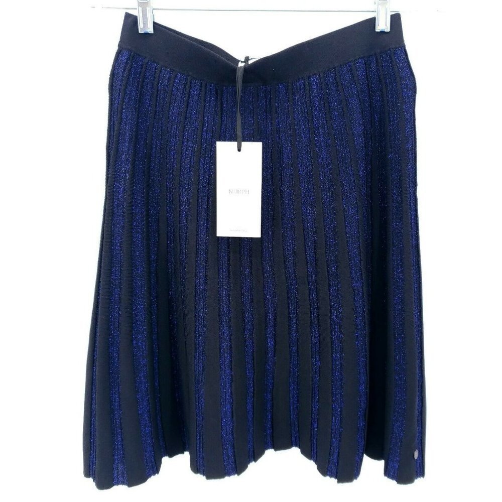 NWT NUMPH Black Metallic Blue Pleated Knee Skirt X-SMALL and SMALL
